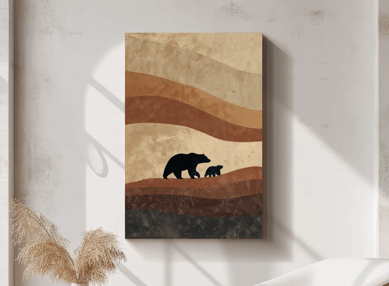 Scandi Bear Family Silhouette Artwork - Earthy Abstract Wildlife Wall Art