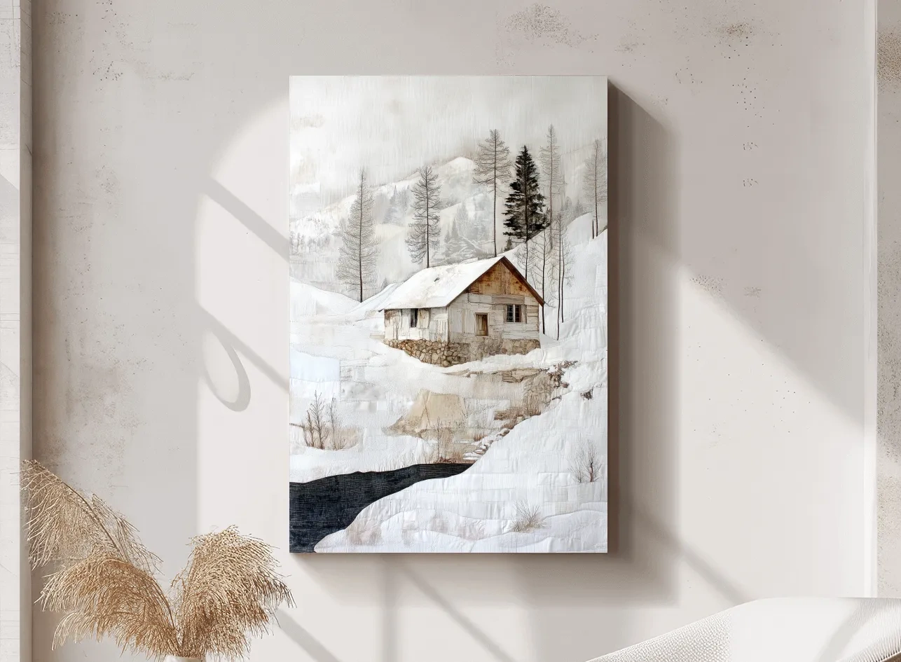 Snowy Mountain Cabin Painting - Winter Landscape Wall Art