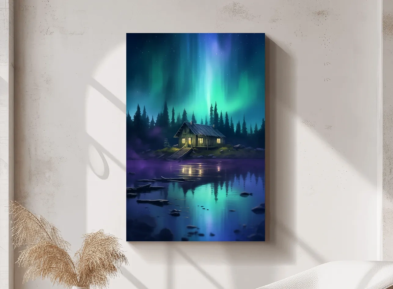 Vibrant Northern Lights Cabin Lake Painting - Aurora Borealis Night Wall Art