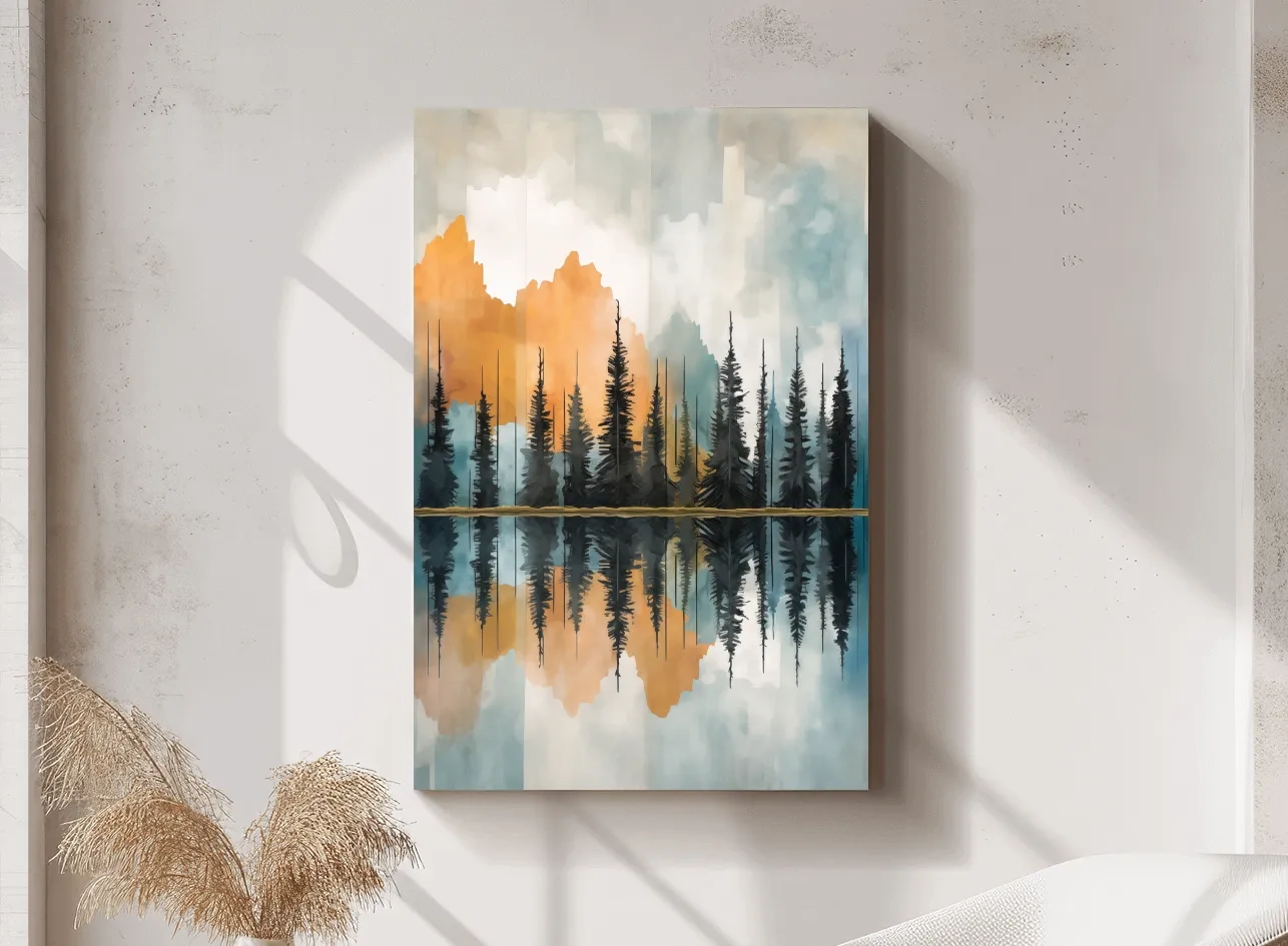 Abstract Watercolor Mountain Lake Reflection - Alpine Forest Landscape Artwork