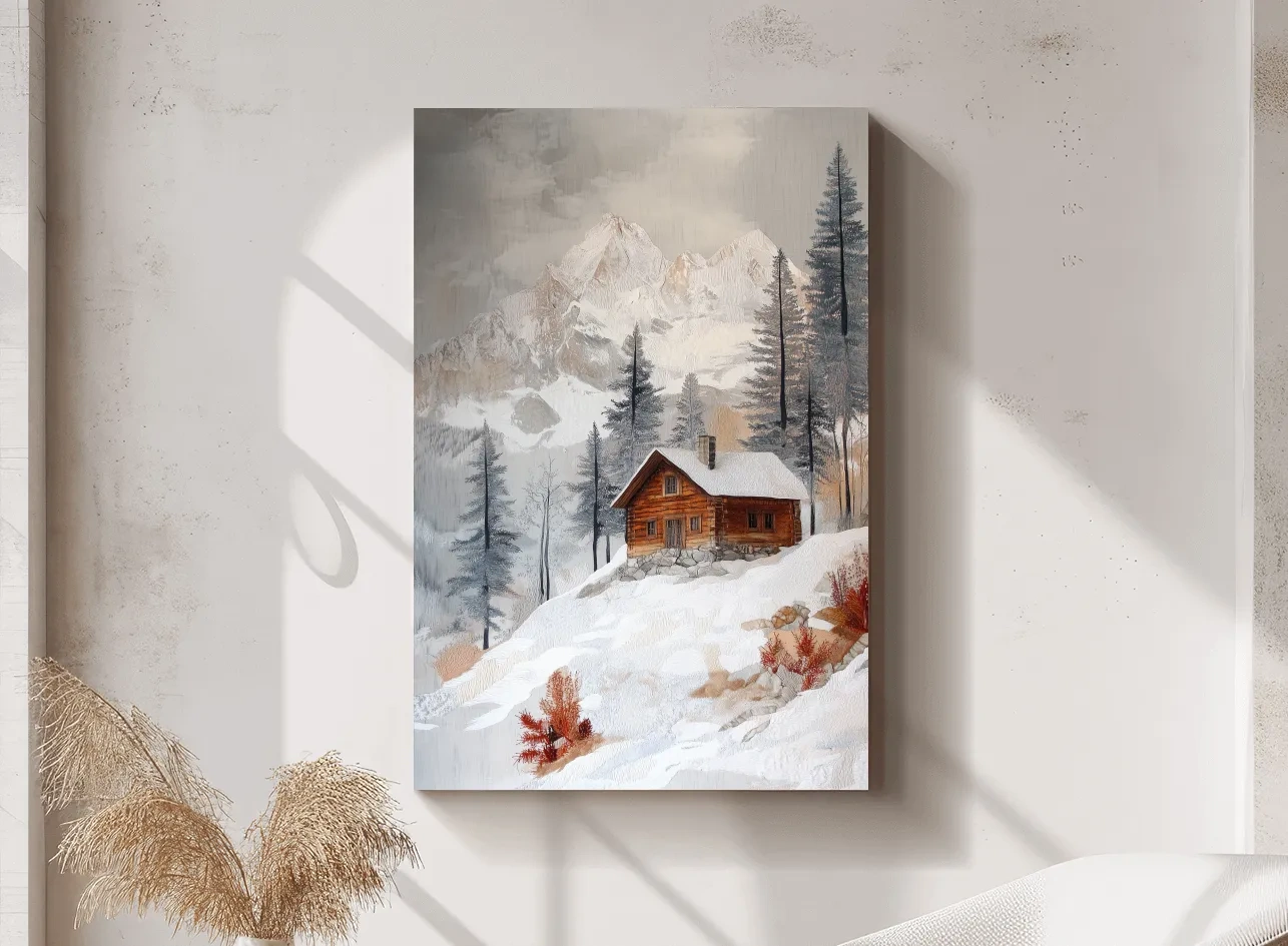 Snowy Mountain Cabin Landscape Painting - Rustic Winter Wilderness Wall Art
