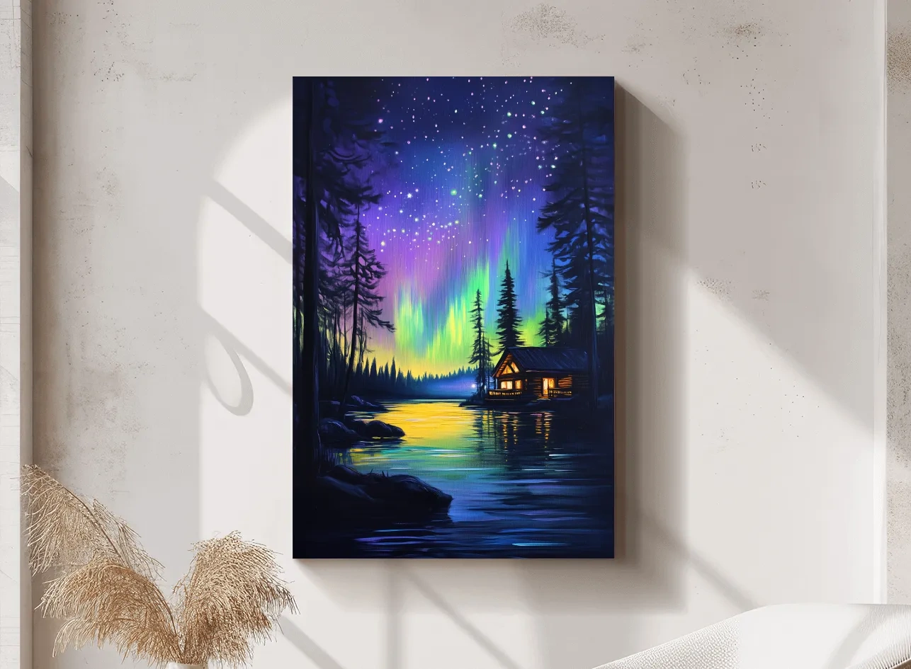 Vibrant Northern Lights Lakeside Cabin Painting - Aurora Borealis Night Landscape Wall Art