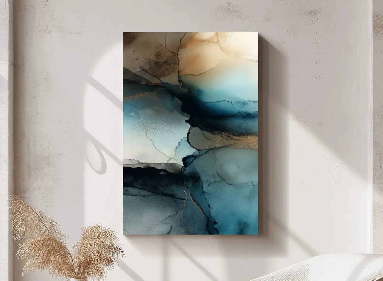 Moody Teal Ink Wash Abstract - Alcohol Ink Style Mountain Wall Art