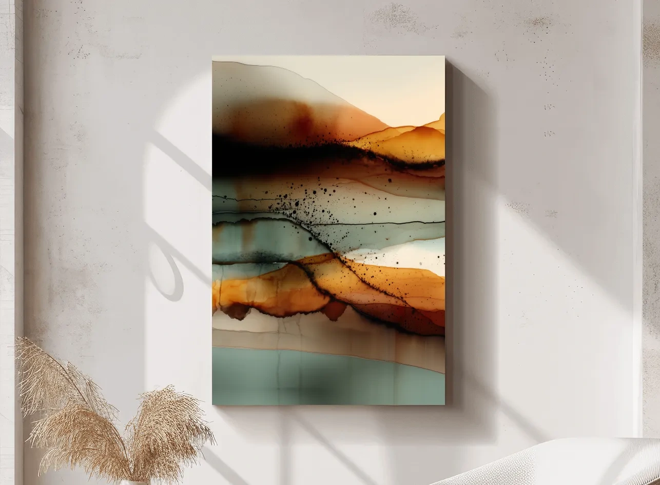 Earth Tone Ink Wash Mountain Landscape - Abstract Modern Wall Art