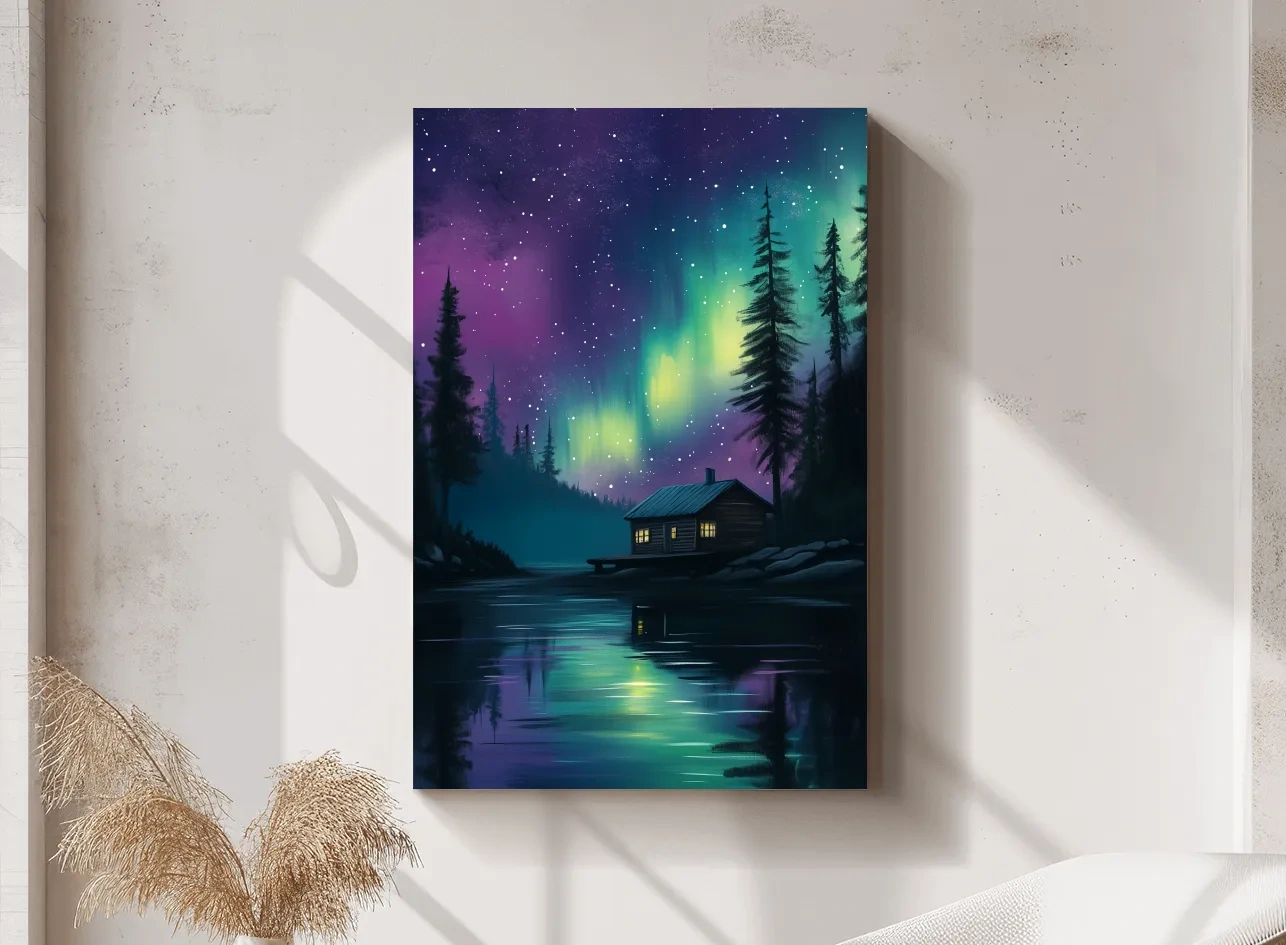 Aurora Borealis Lake Cabin Painting - Northern Lights Wall Art