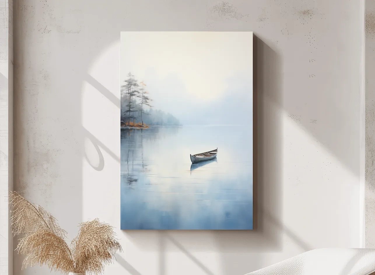 Misty Lake Canoe Reflection Painting - Serene Minimalist Waterscape Wall Art