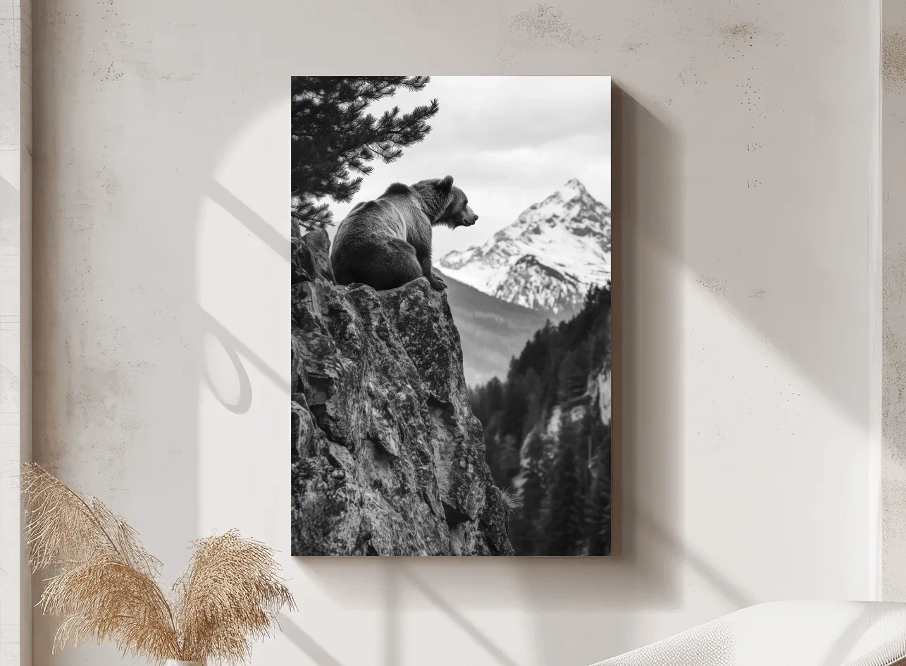 Black And White Grizzly Bear Photographic Artwork - Alpine Wildlife Wall Art