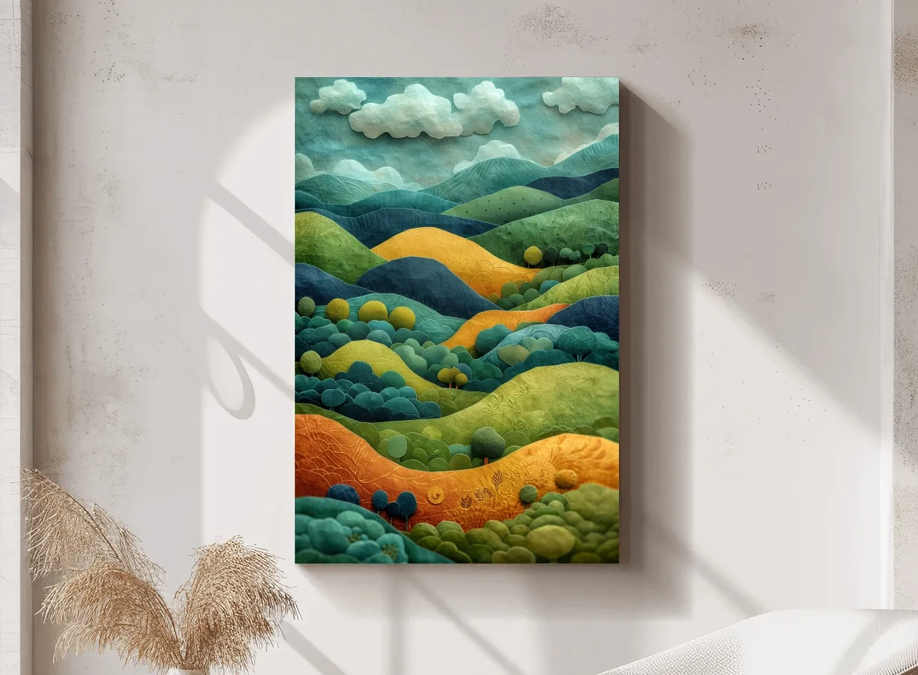 3D Layered Paper Cut Style Mountain Artwork - Whimsical Surreal Landscape Wall Art