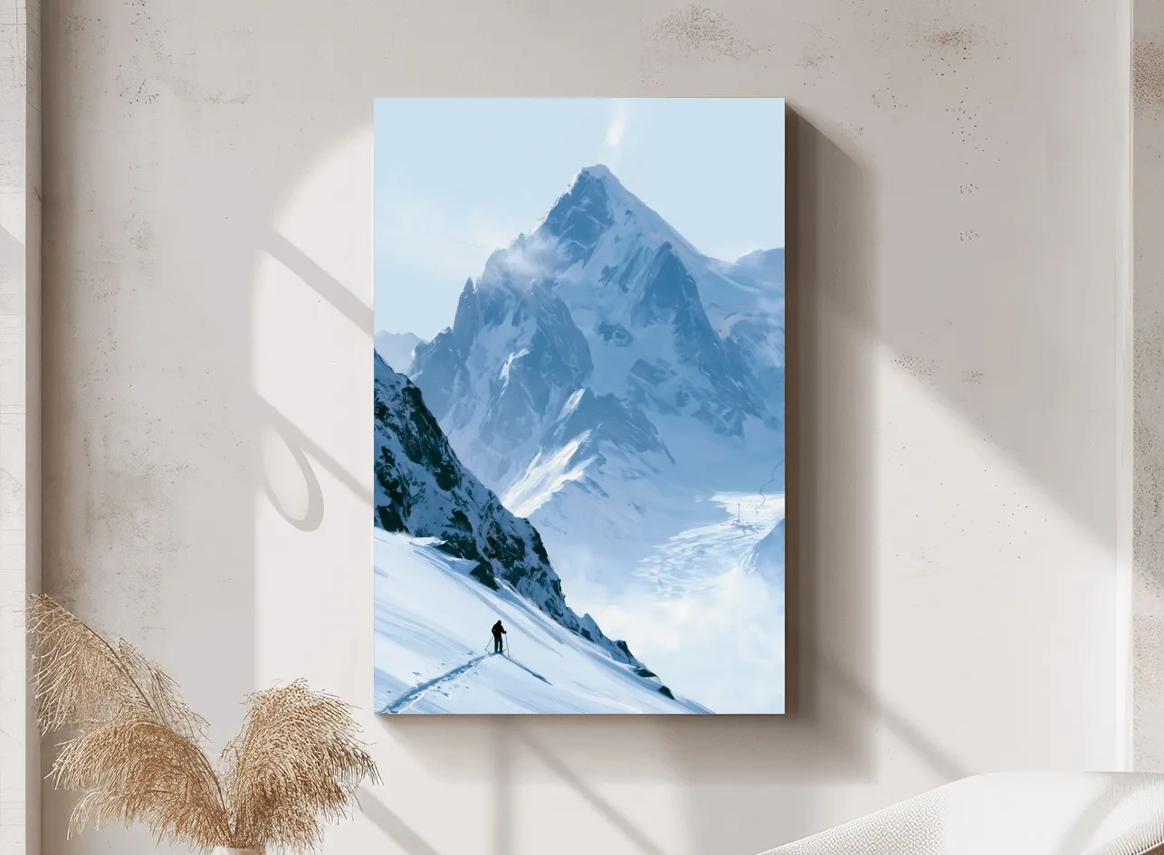 Backcountry Skier Alpine Peak Landscape - Minimalist Winter Mountain Wall Art