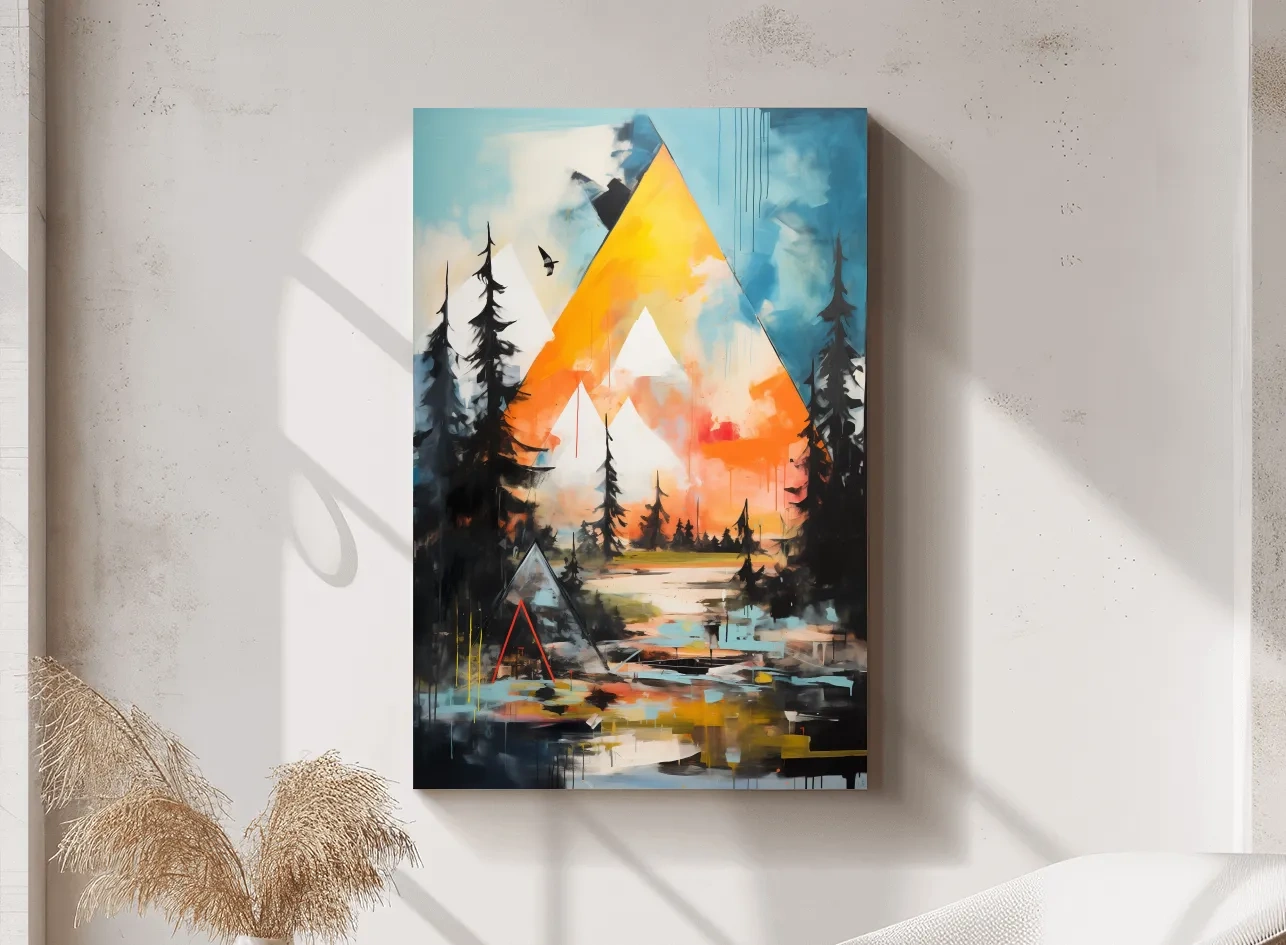Vibrant Abstract Mountain Painting - Modern Geometric Alpine Forest Wall Art
