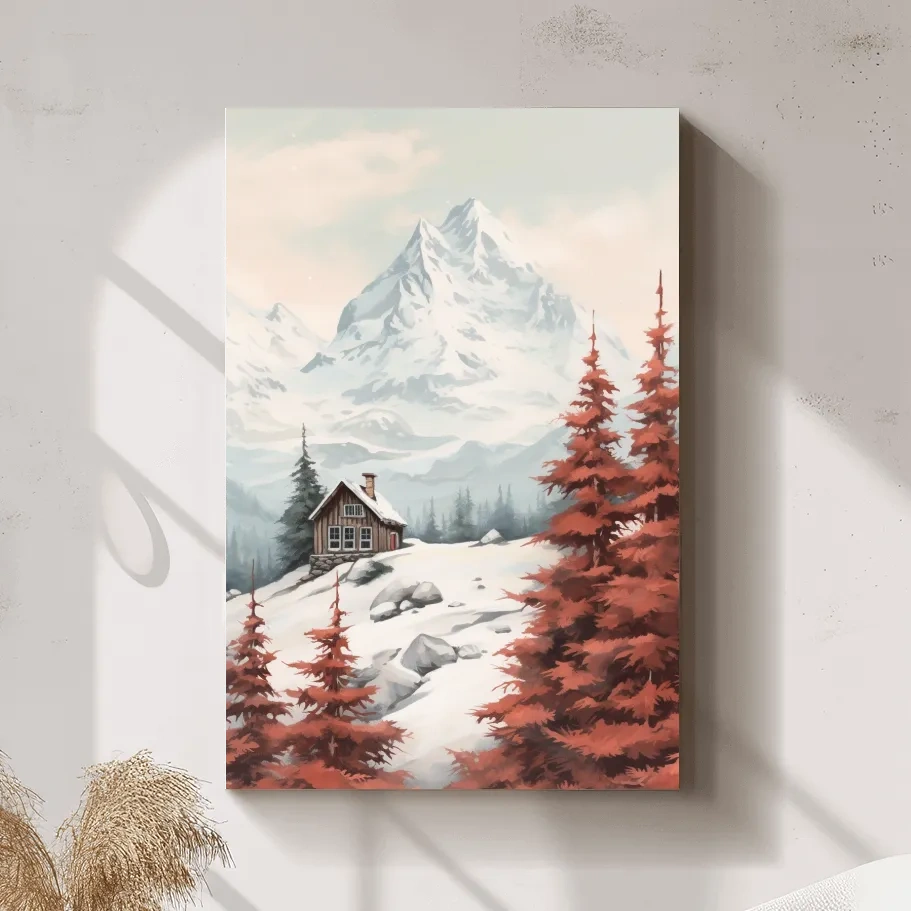 Painting of a snowy alpine scene, red fall leaves, an alpine cabin and glacier
