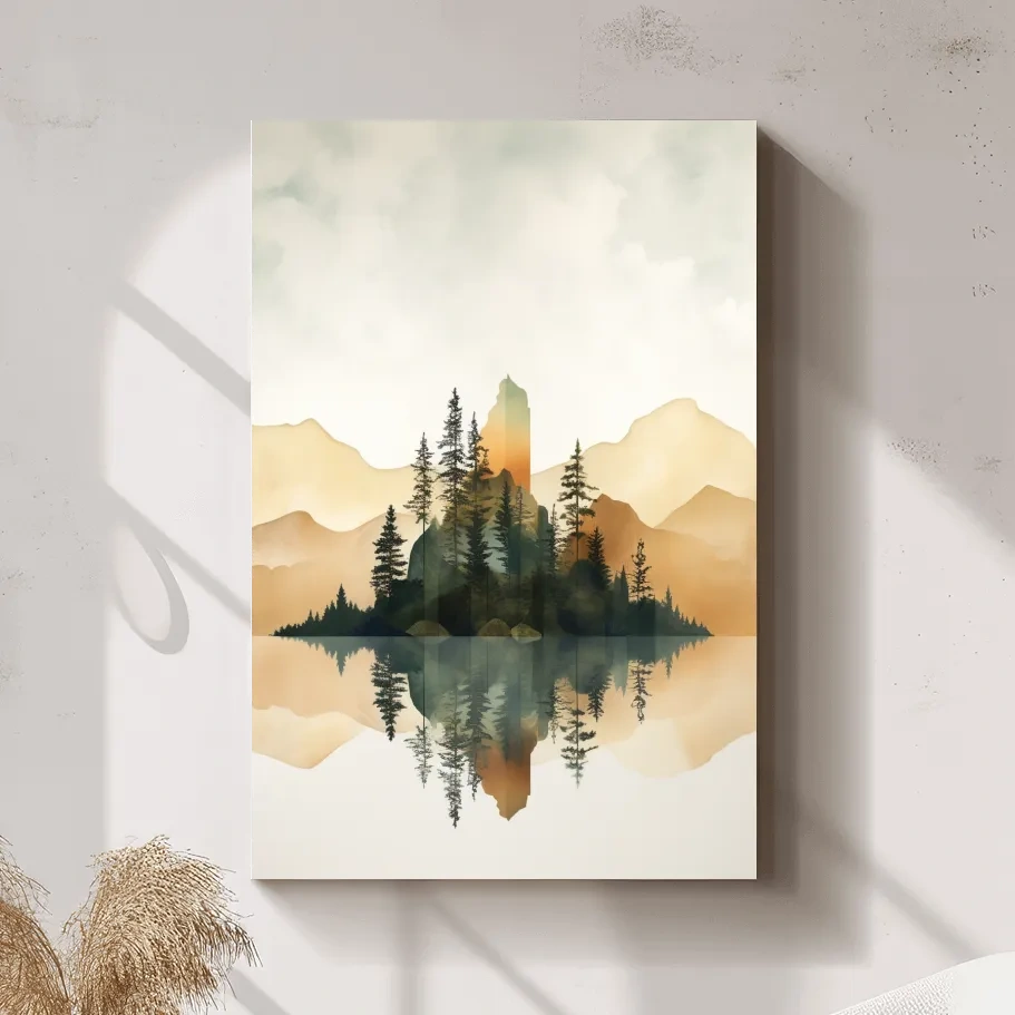 Minimal watercolour painting of alpine trees by a lake