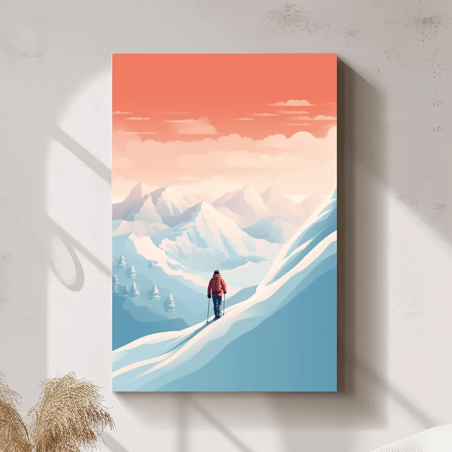 Backcountry skier in the mountains at sunset, minimal vector artwork