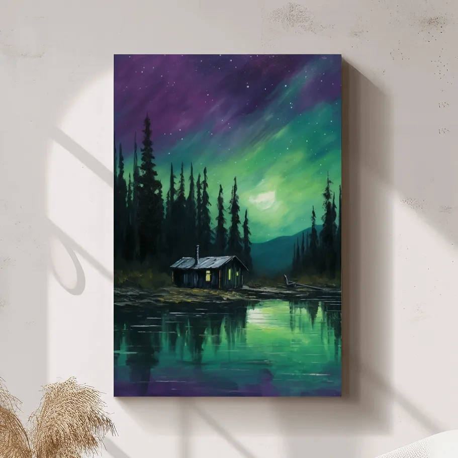 Vibrant Northern Lights Cabin Lake Painting - Aurora Borealis Night Wall Art