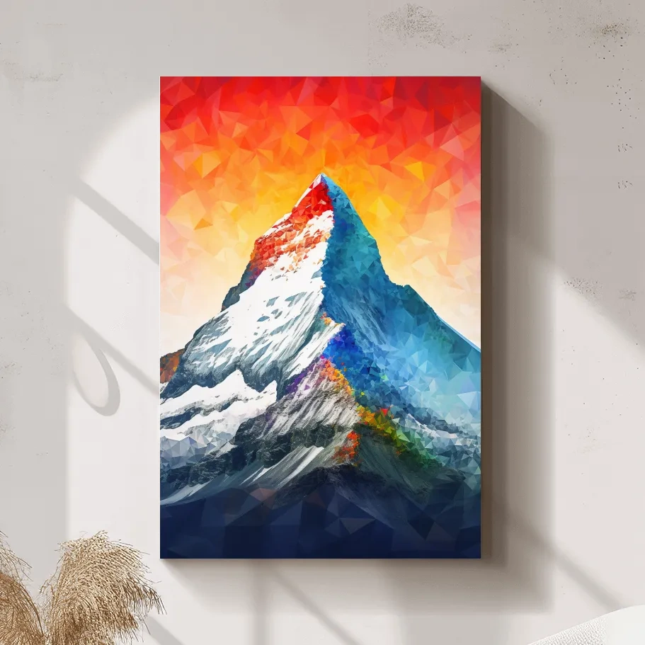 Vibrant abstract mountain painting, sunset over a glacier