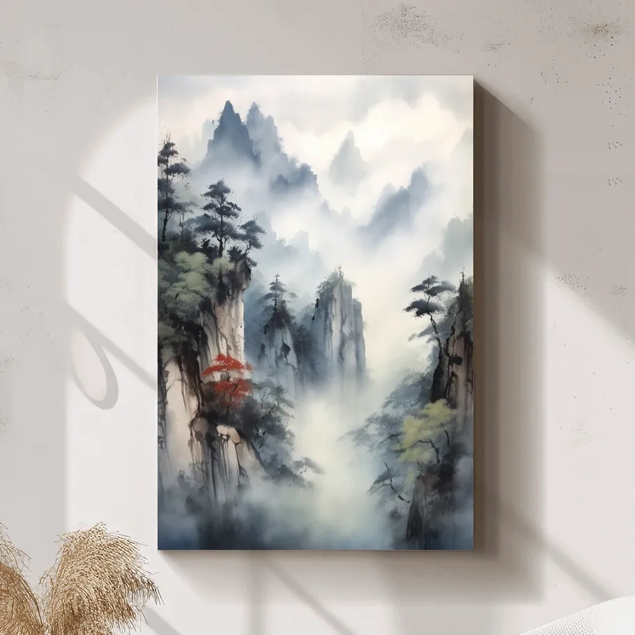 Chinese ink wash style watercolour painting of a misty mountain landscape
