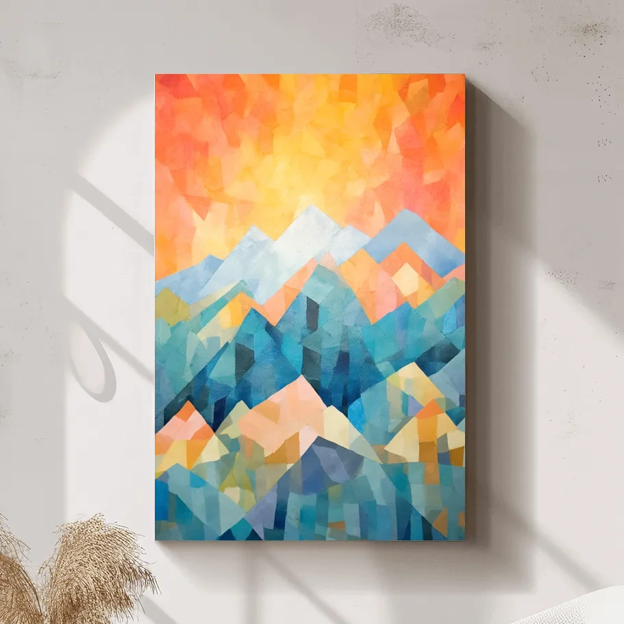 Abstract painting of a mountain scene at sunrise