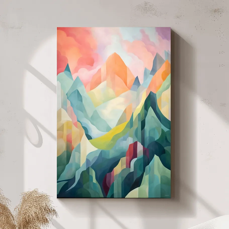 Vibrant Abstract Pastel Mountain Sunset - Geometric Watercolor Style Wall Art