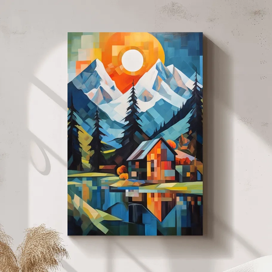 Geometric Alpine Cabin Lake Sunset - Vibrant Impressionist Mountain Wall Art