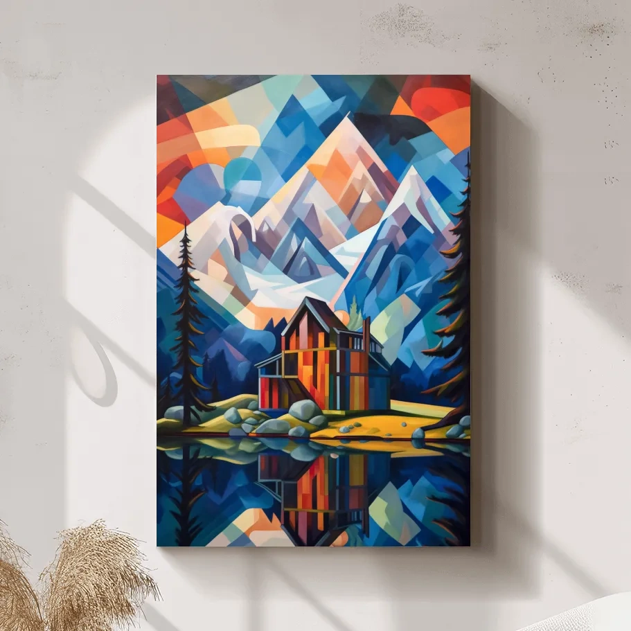 Abstract painting of a cabin by a lake