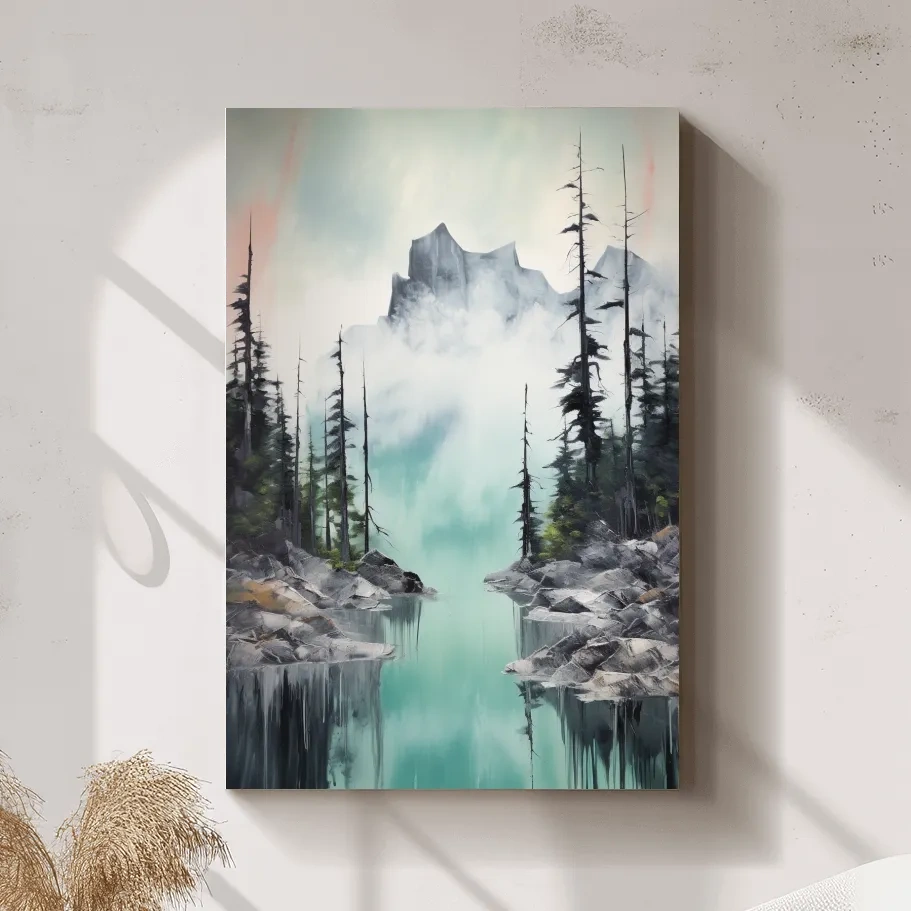 Misty Turquoise Alpine Lake Reflection - Watercolor Mountain Forest Wall Art