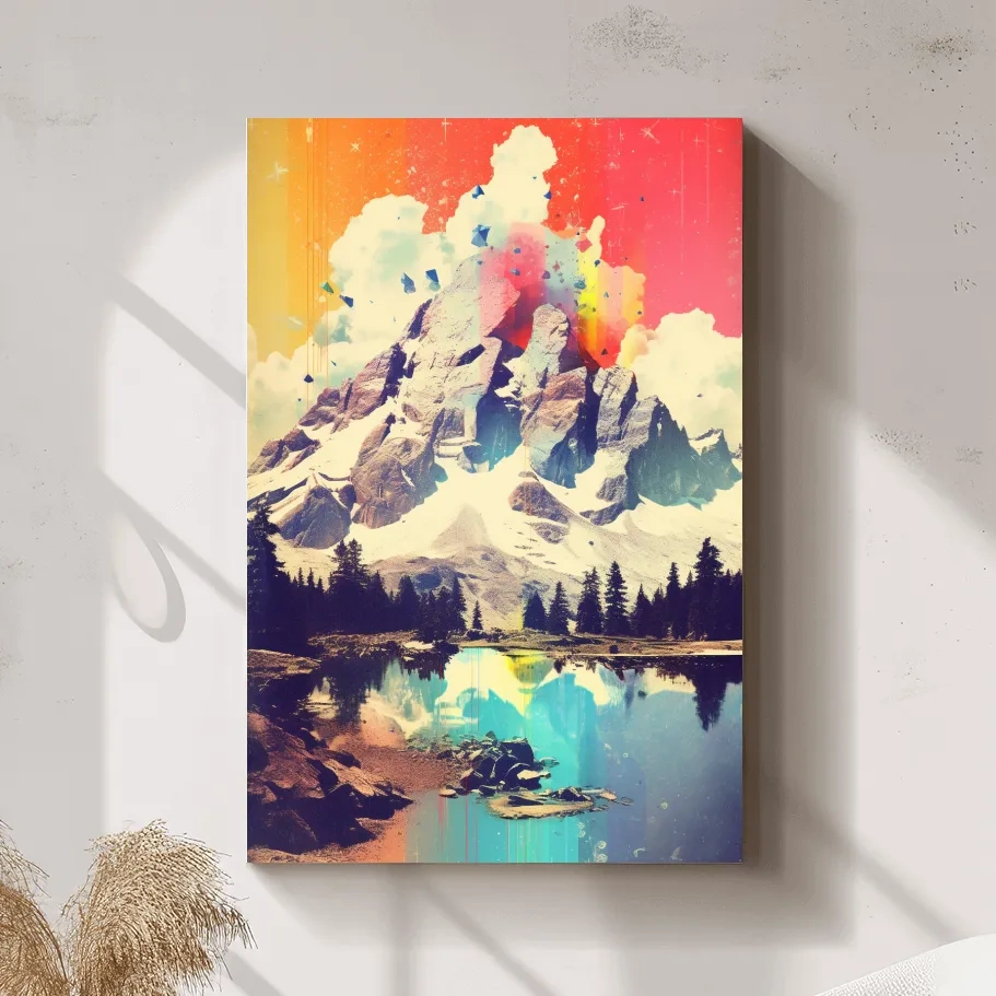 Vibrant Abstract Mountain Lake Painting - Colorful Alpine Landscape Wall Art
