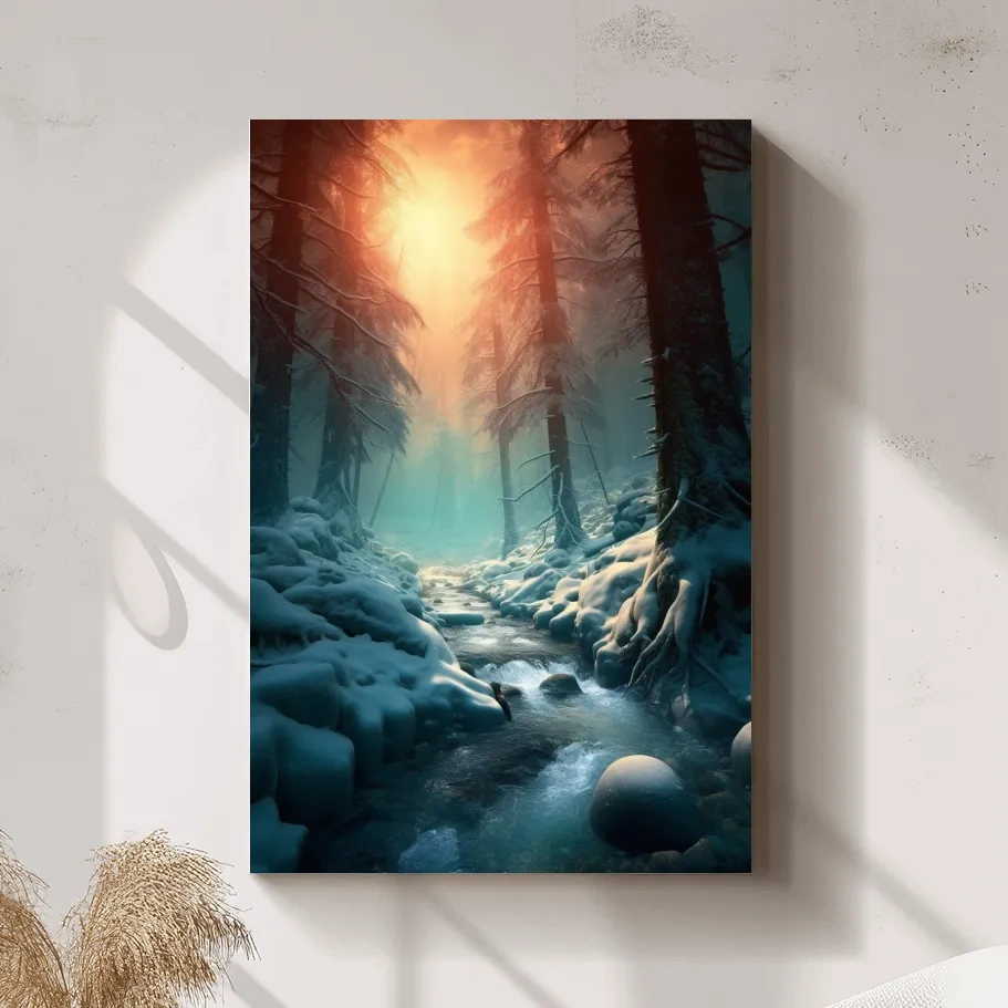 Misty Winter Forest Stream At Sunrise - Photographic Landscape Wall Art