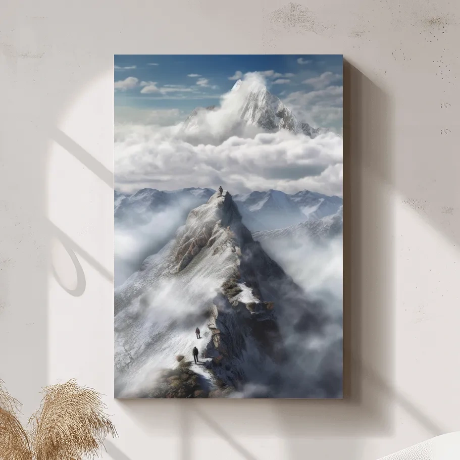Painting of adventurers hiking up a ridge