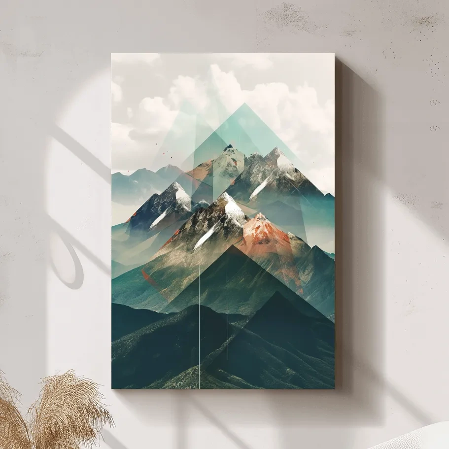 Abstract mountain art, geometric shapes overlaying mountain photography