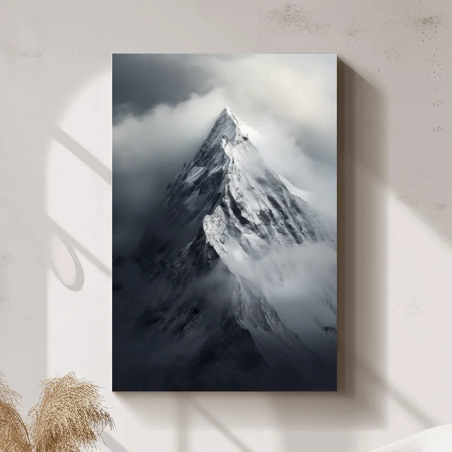 Photographic art, ominous snowy peak in the clouds