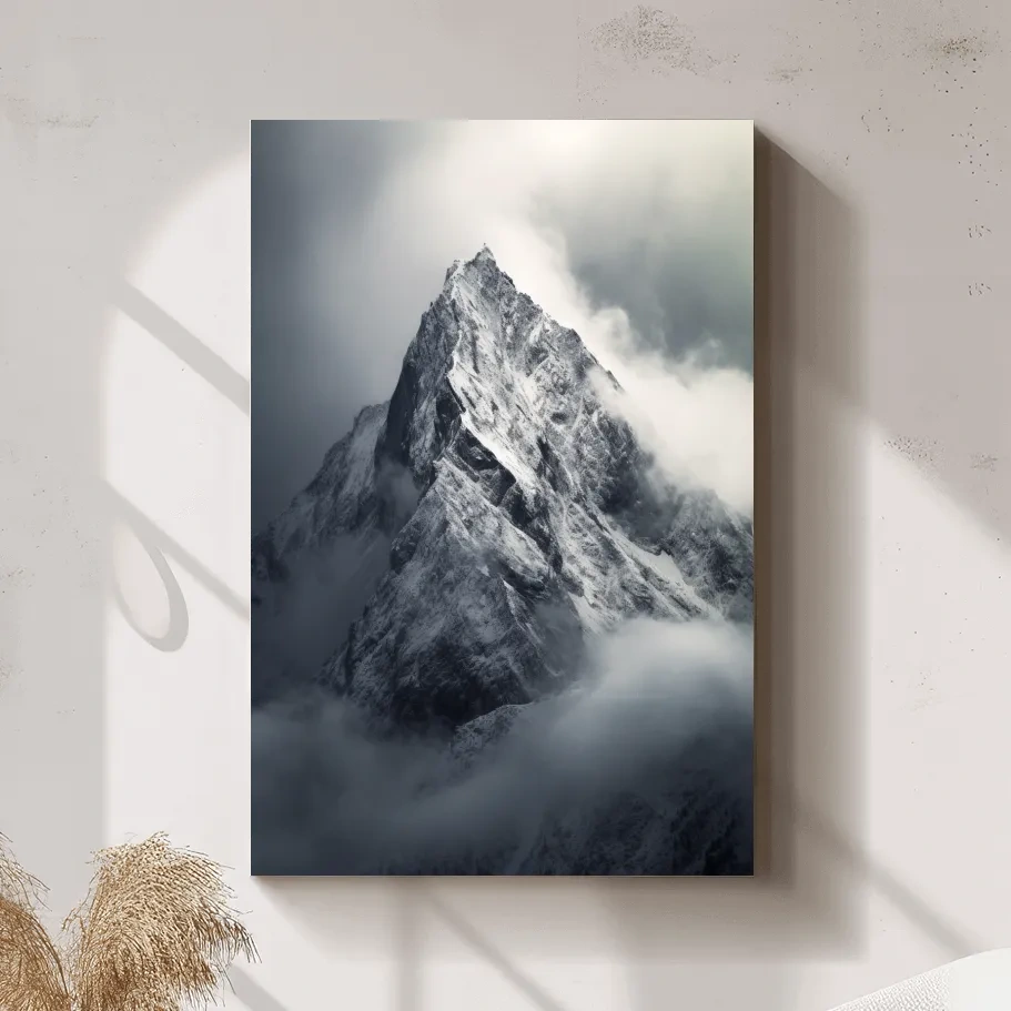 Photographic art, ominous snow capped mountain in the clouds