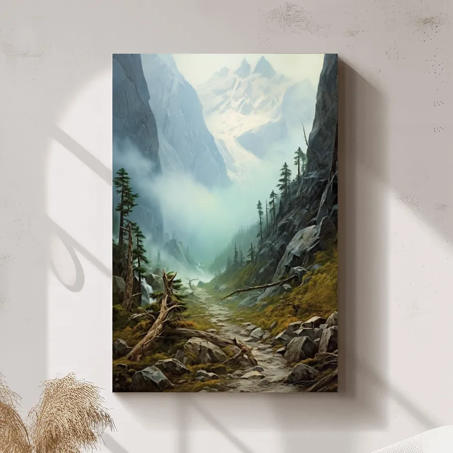 Painting of a foggy alpine scene
