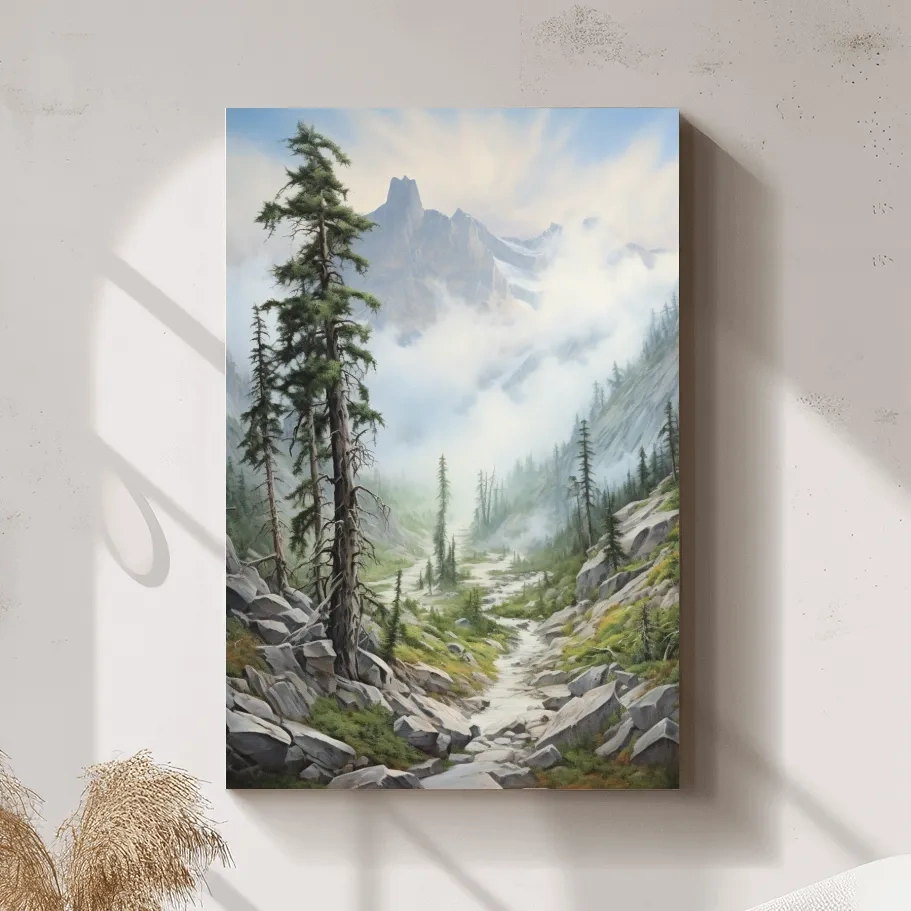 Painting of a trail leading into a foggy alpine scene