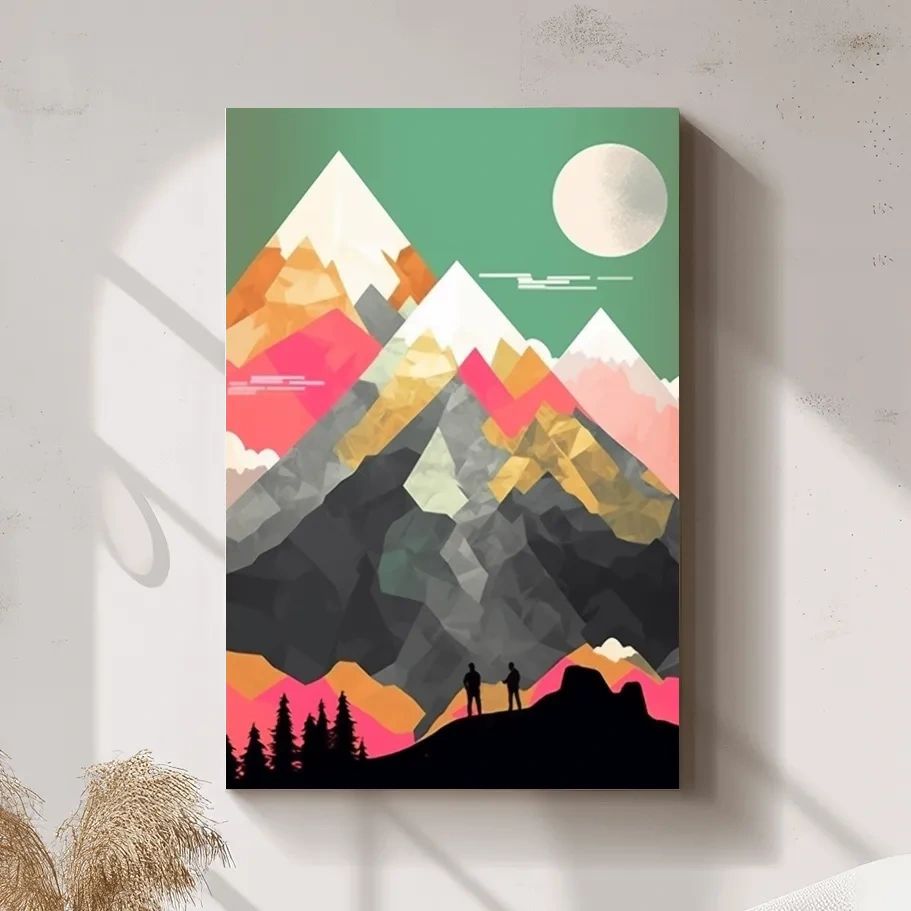 Simple flat colour 2d mountain art, colourful mountain ranges