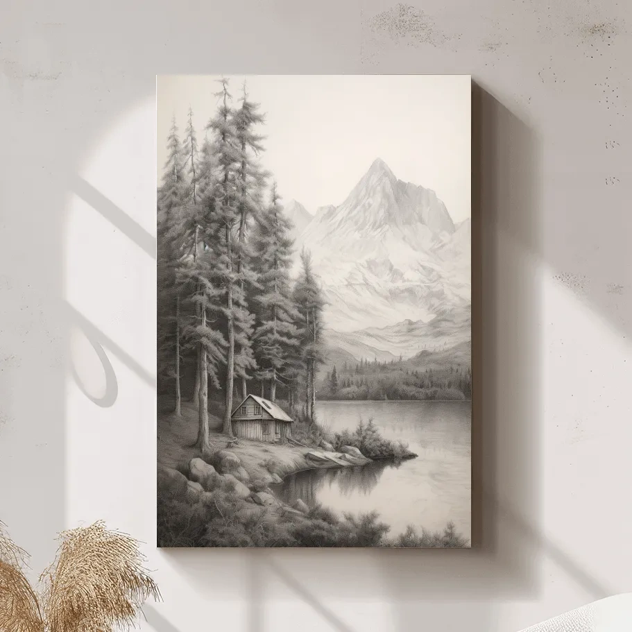 Lead pencil drawing of a cabin by an alpine lake