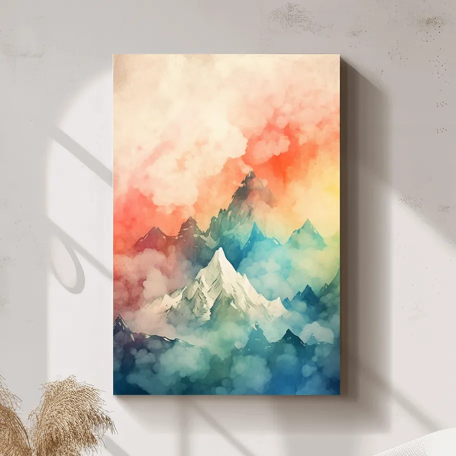 Colourful watercolour painting of a mountain landscape