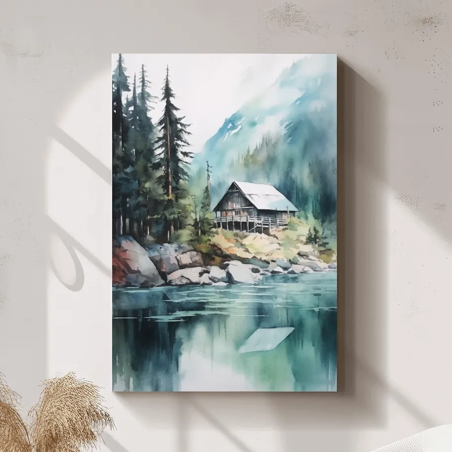 Watercolour painting of a cabin by a lake