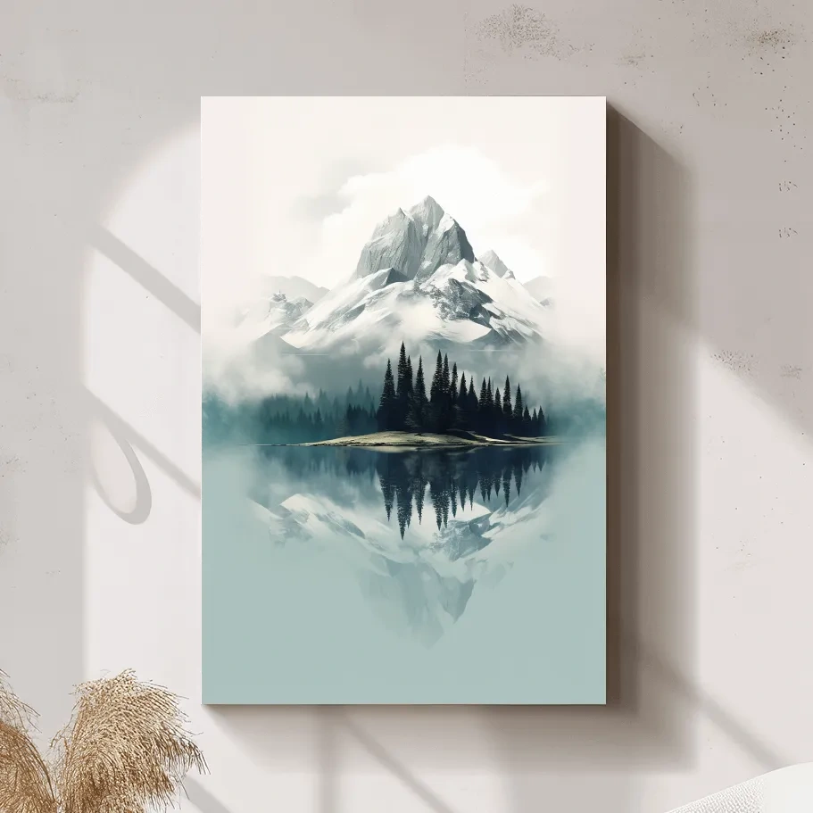Misty Alpine Mountain Lake Reflection - Minimalist Watercolor Landscape Wall Art