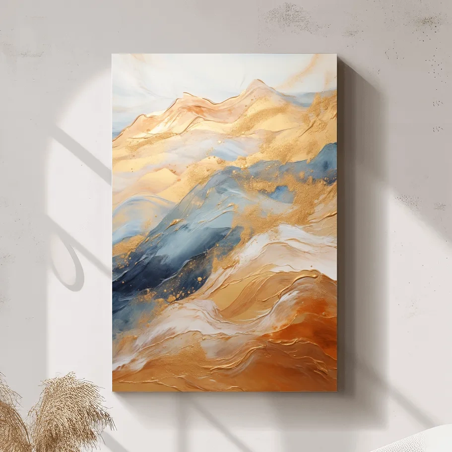 Abstract golden swirling painting forming mountains