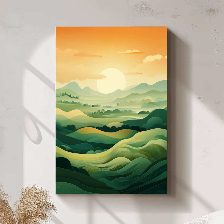 Illustration of rolling green hills at sunset