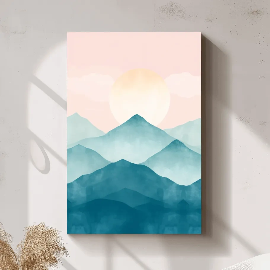 Soft pastel mountain landscape painting, pastel colored wall art
