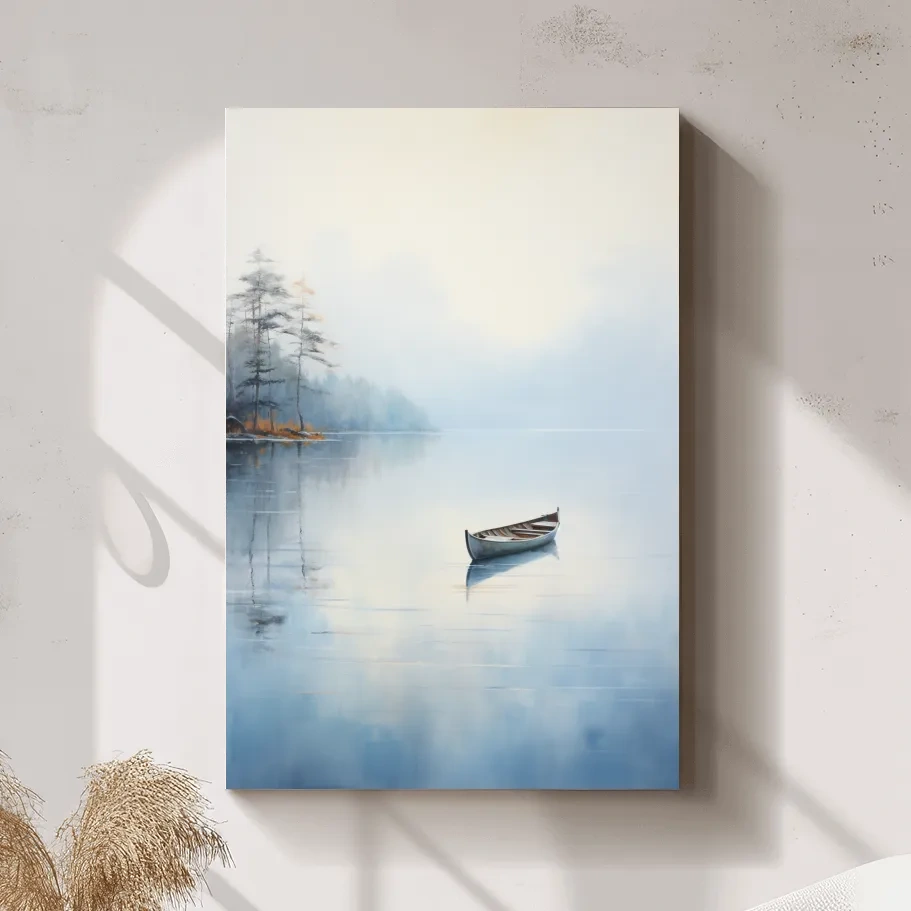 Watercolor painting, canoe on a misty lake