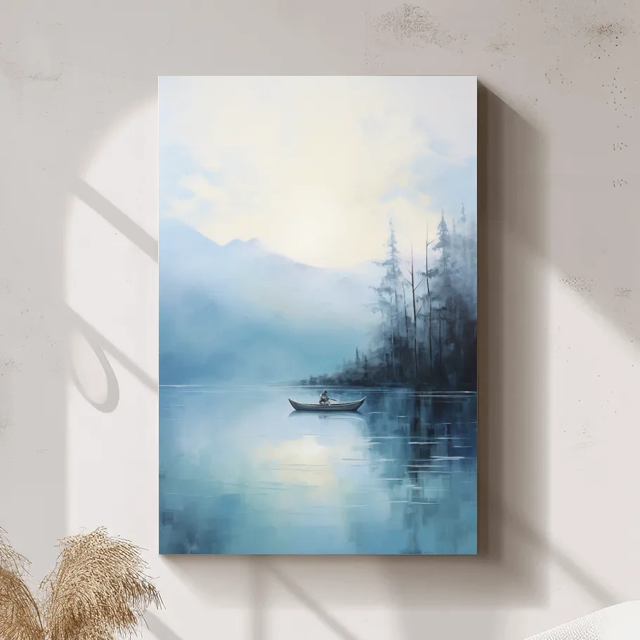 Misty Turquoise Mountain Lake Canoe Painting - Serene Forest Landscape Wall Art