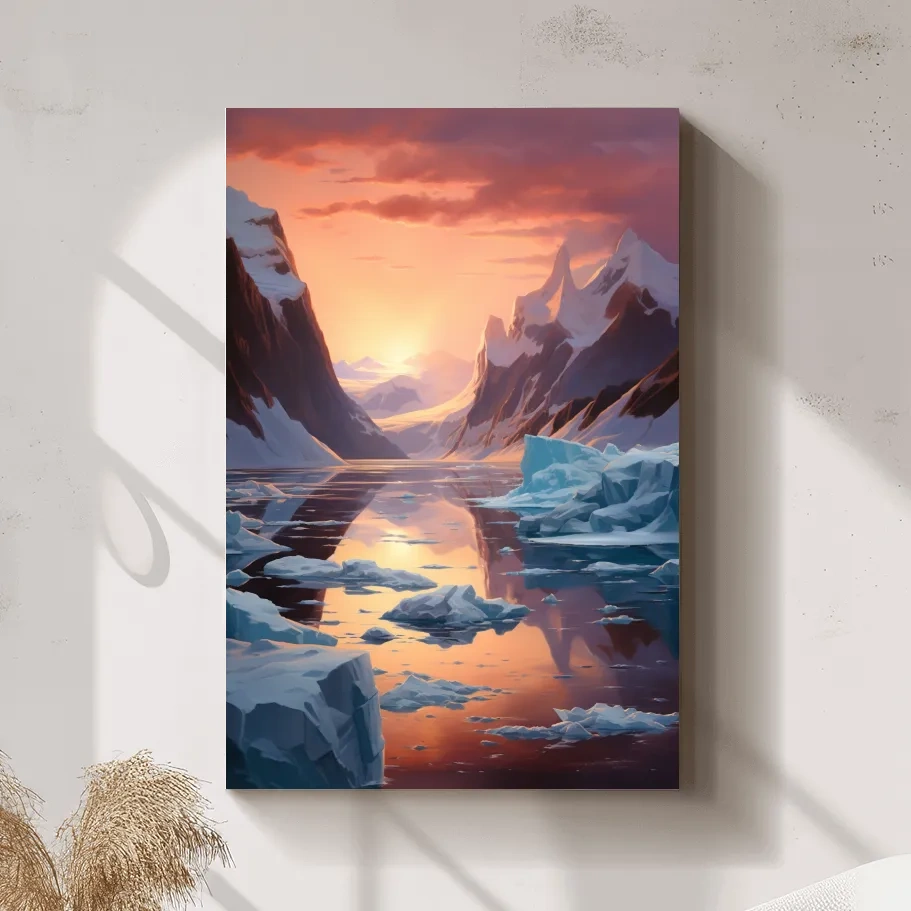 Beautiful surreal painting, sunset over the antarctic ice