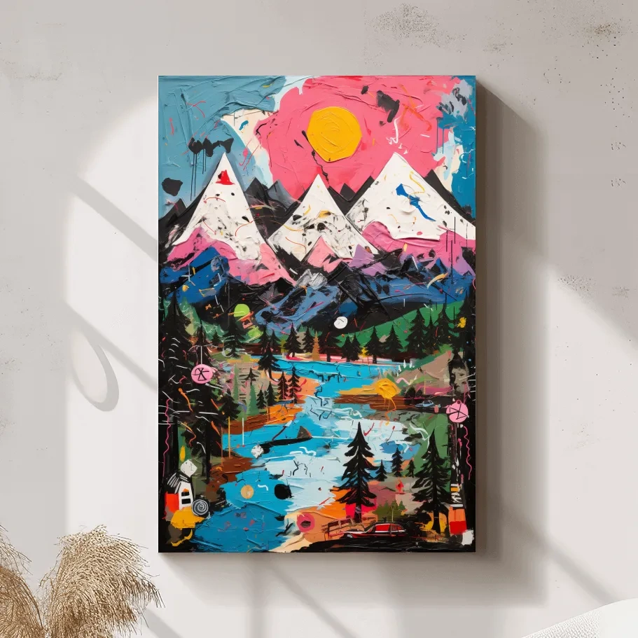 Bold abstract painting of an alpine mountain scene