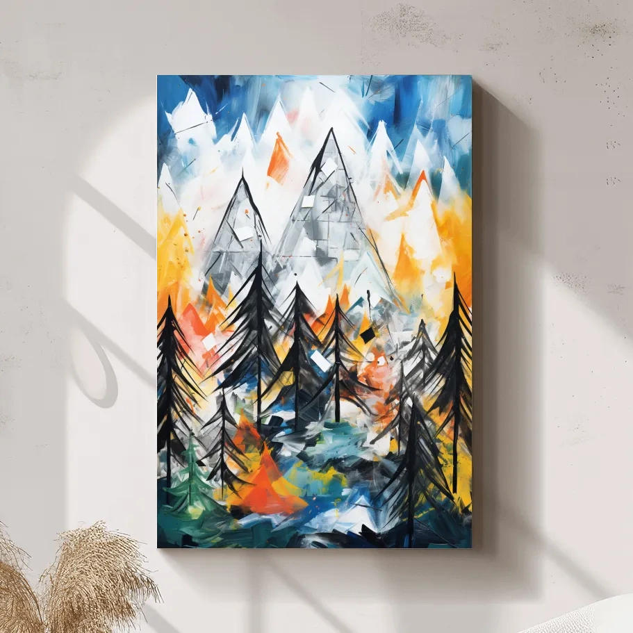 Abstract Alpine Mountain Peaks Painting - Colorful Energetic Pine Forest Landscape Wall Art