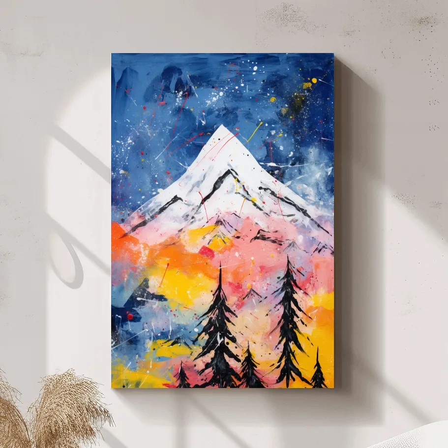 Vibrant Abstract Mountain Peak Sunset Painting - Colorful Acrylic Splash Forest Wall Art
