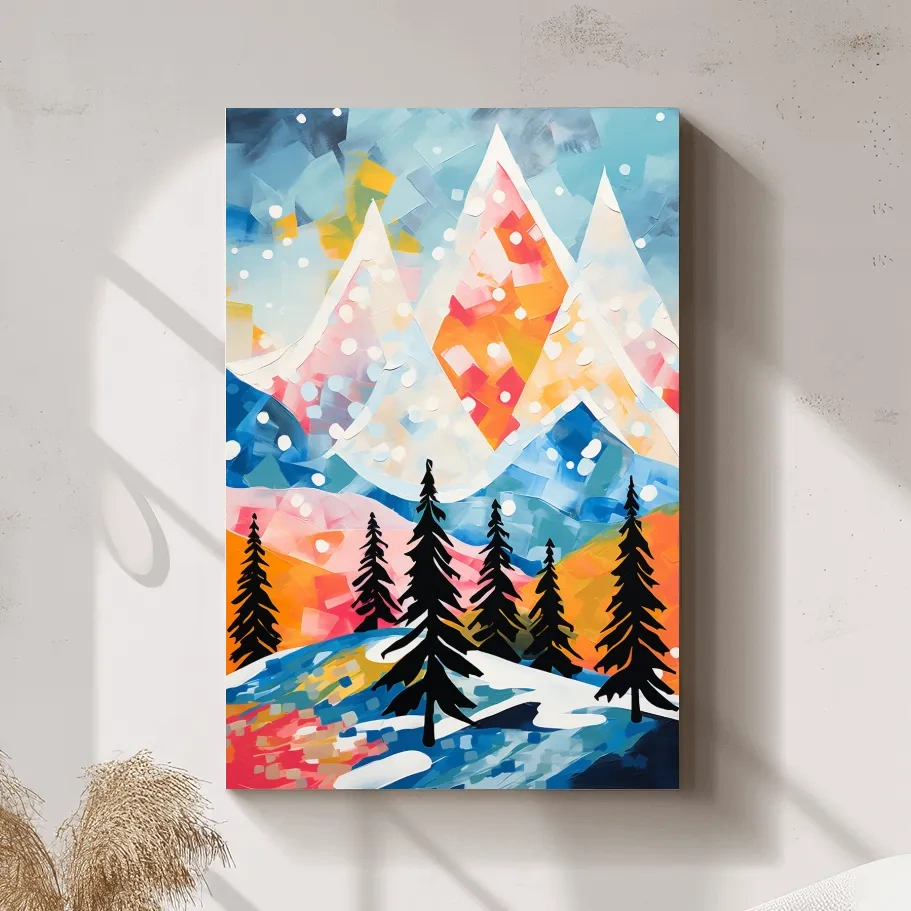 Simple colourful abstract painting of a snowy mountain scene