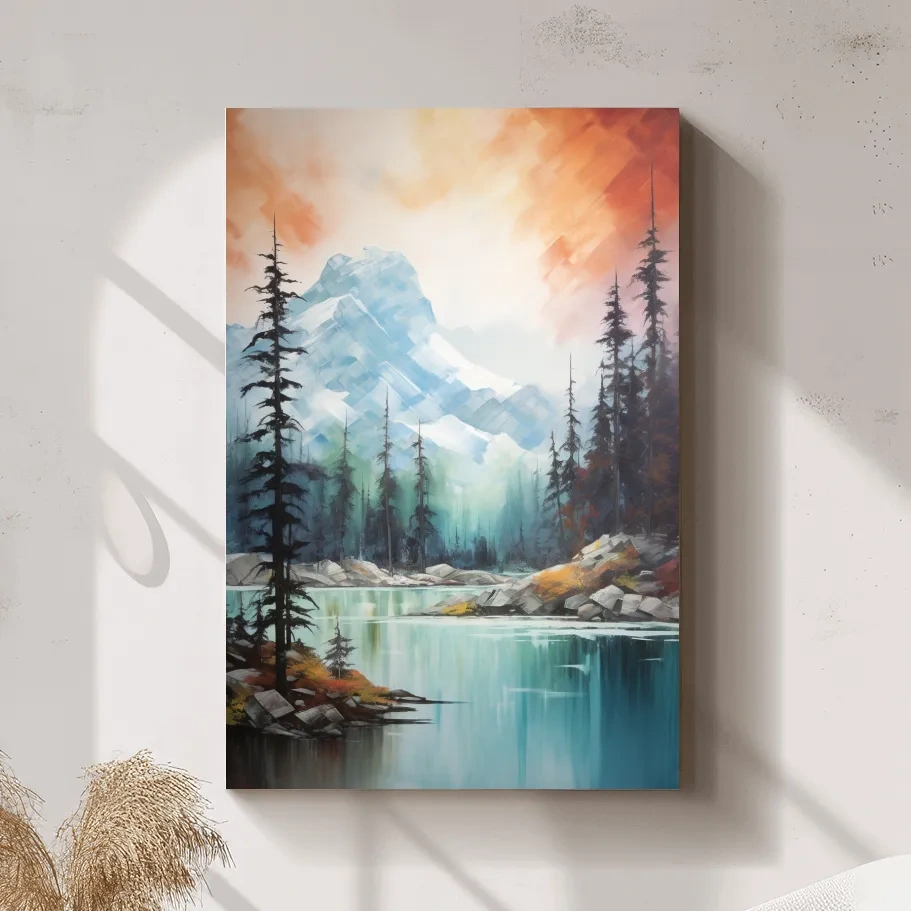Turquoise Alpine Lake & Pine Forest Sunset Watercolor - Serene Mountain Landscape Wall Art
