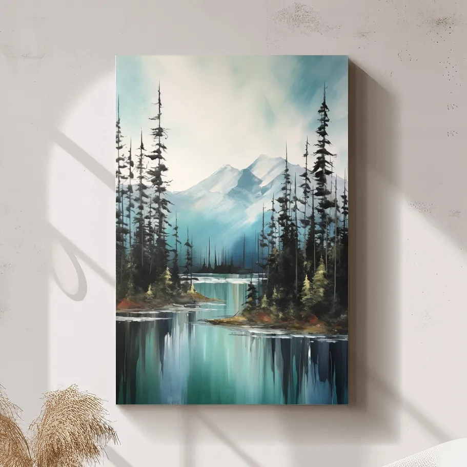 Alpine Turquoise Lake Watercolor Landscape - Serene Pine Forest Nature Wall Art